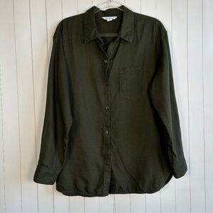 Athleta size L Retreat linen top long sleeve button up dark green relaxed fit